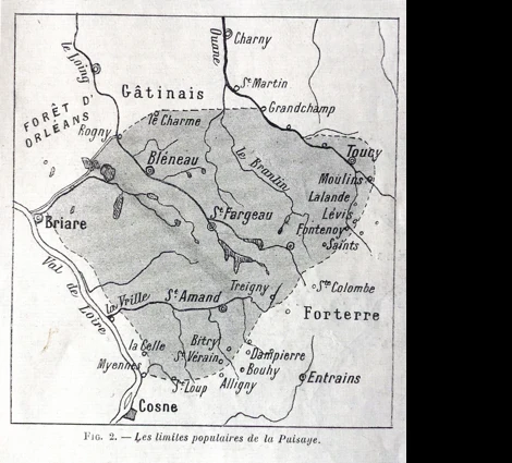 Carte ancienne « Les limites populaires de la Puisaye » : Saint-Fargeau, Bléneau, Toucy, Saint-Amand, entre la forêt d'Orléans et le val de Loire