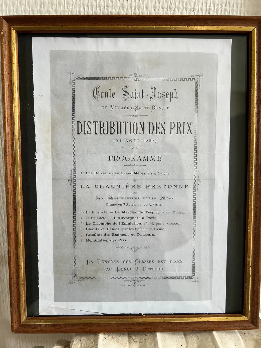 Programme encadré de la distribution des prix de l'École Saint-Joseph de Villiers-Saint-Benoît, 1899