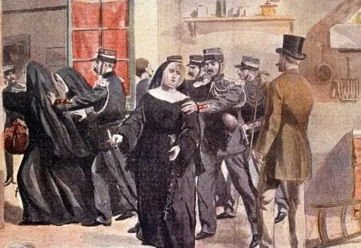Gravure d'époque : des religieuses expulsées par les gendarmes au début du XXᵉ siècle