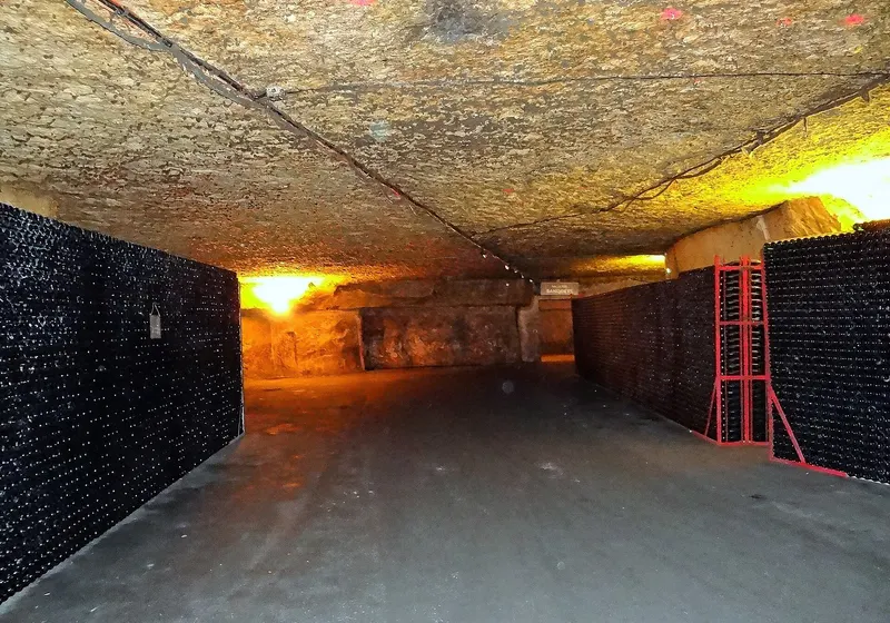 Bouteilles de crémant stockées dans les galeries souterraines des caves de Bailly-Lapierre